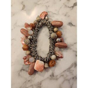 Vintage Silver-Tone Stretch Bracelet With Pink & Brown Stones & Beads